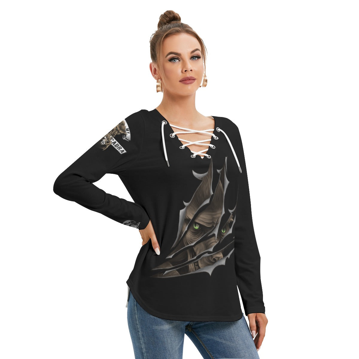 Pet My Chupacabra 8 Ball Pool Women's Long Sleeve Neckline Tie Sweatshirt