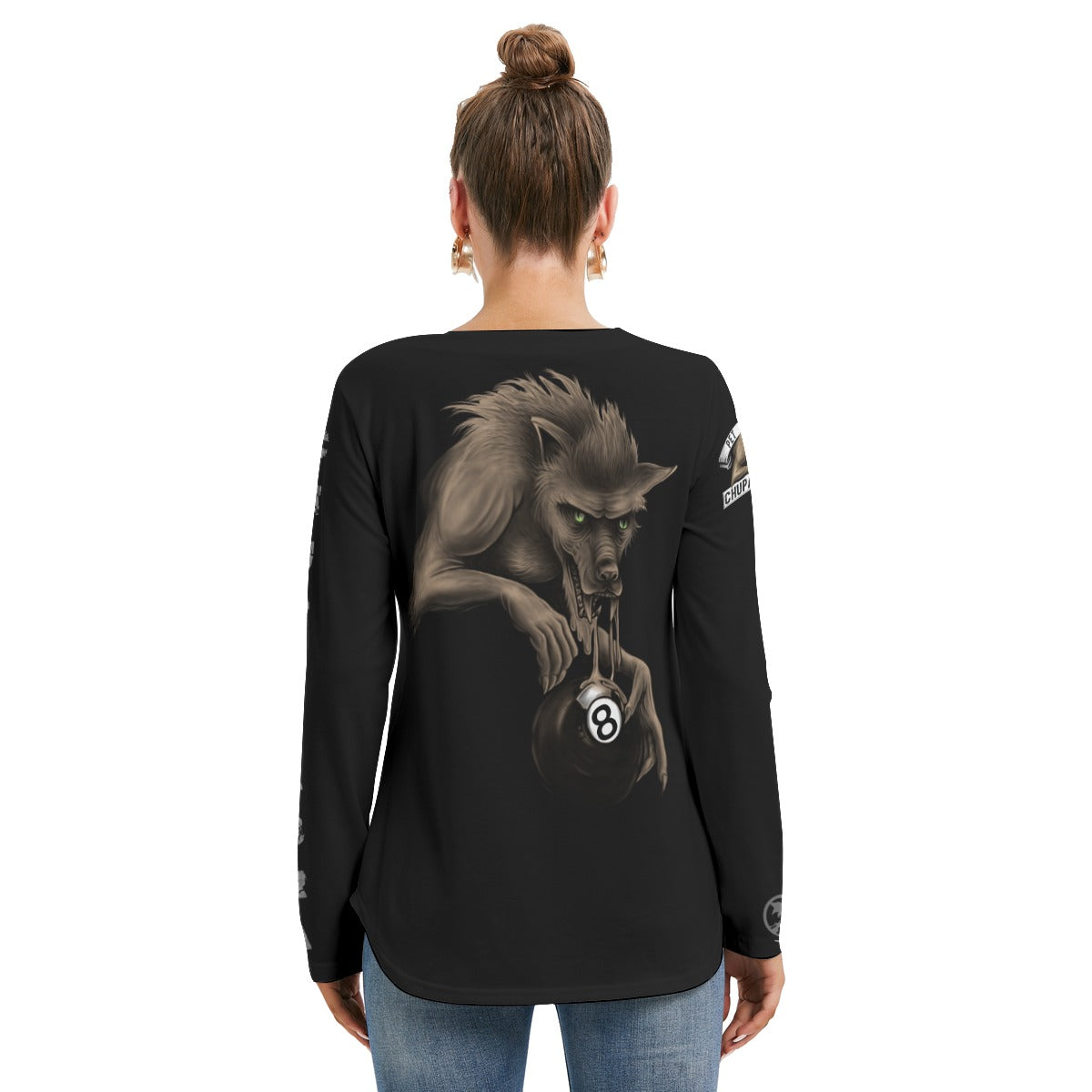 Pet My Chupacabra 8 Ball Pool Women's Long Sleeve Neckline Tie Sweatshirt