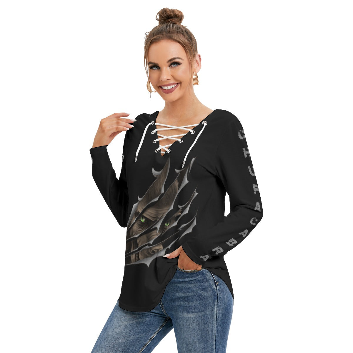 Pet My Chupacabra 8 Ball Pool Women's Long Sleeve Neckline Tie Sweatshirt